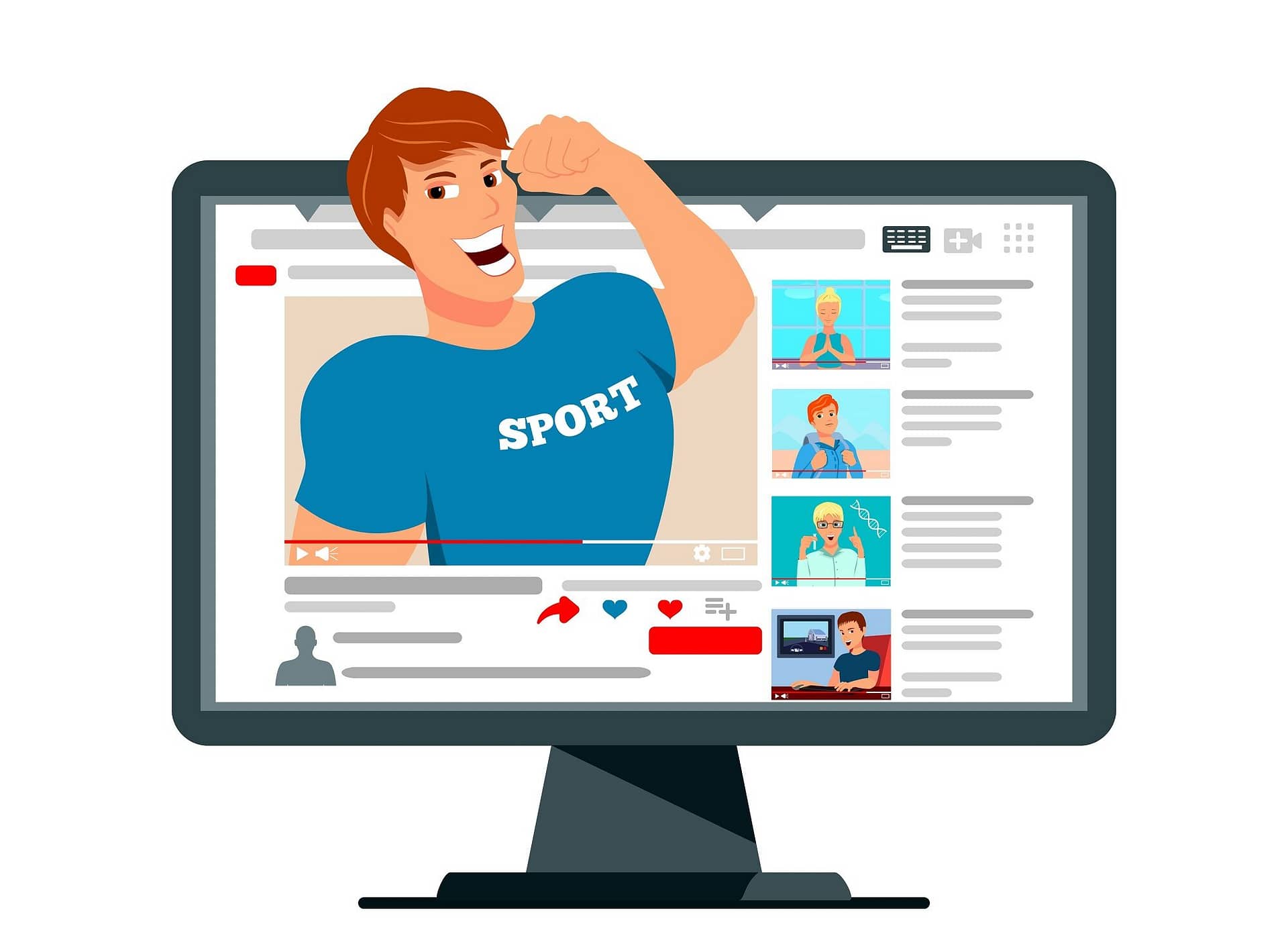 Video blogging popular sport author character popping out of computer screen flat advertisement website header vector illustration