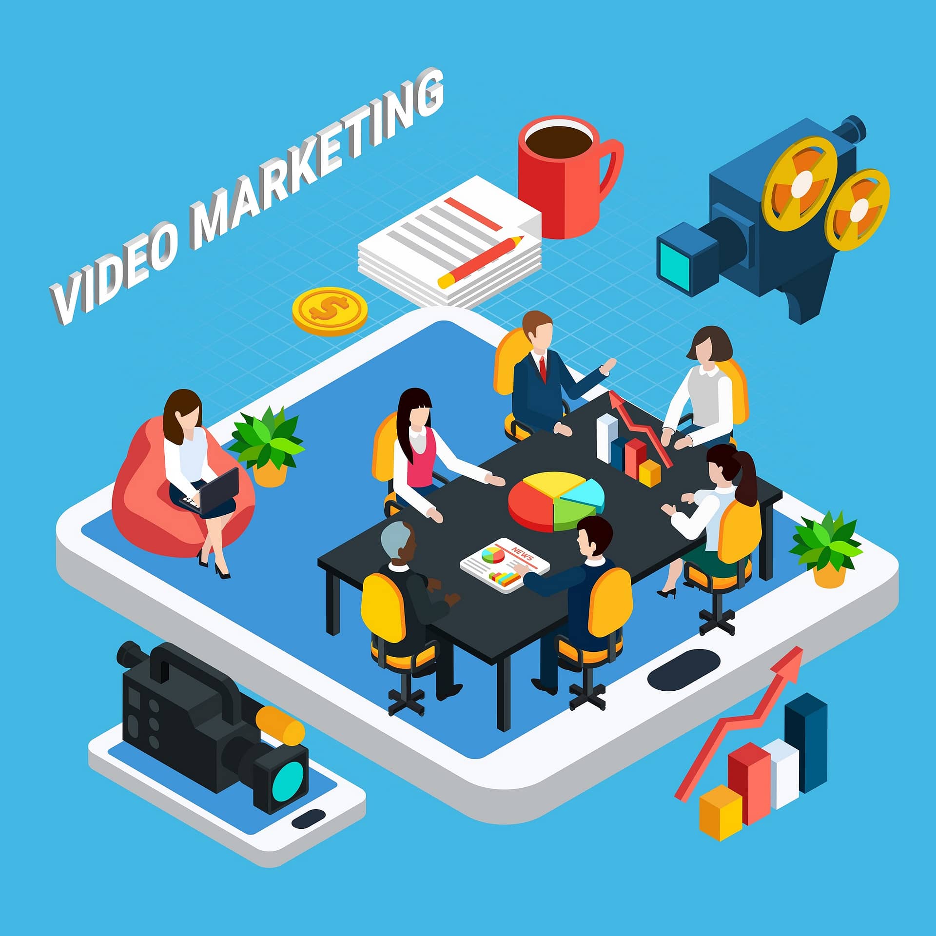 Photo video isometric composition of video marketing team meeting and touchscreen gadgets with professional video equipment vector illustration
